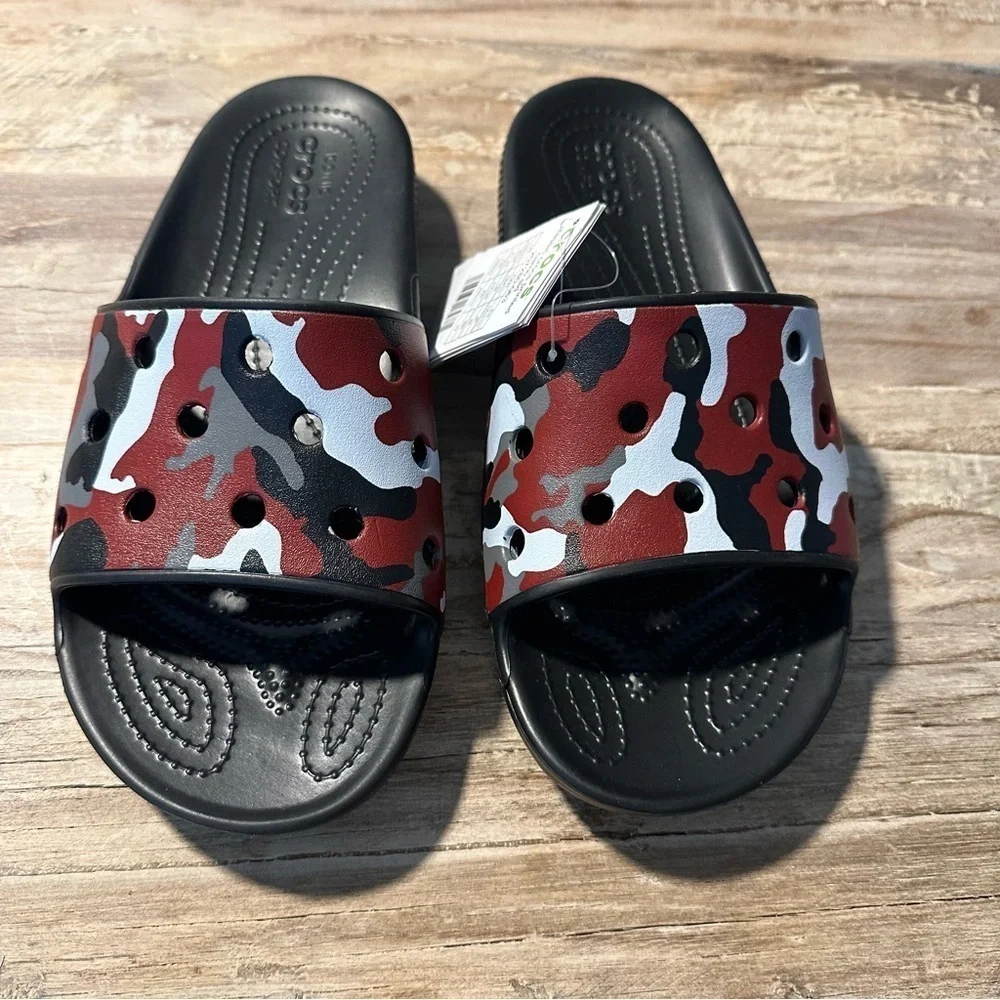 Crocs Unisex Camo Slides Size M 8 W 10 Red Black Grey White Summer Wear NWT